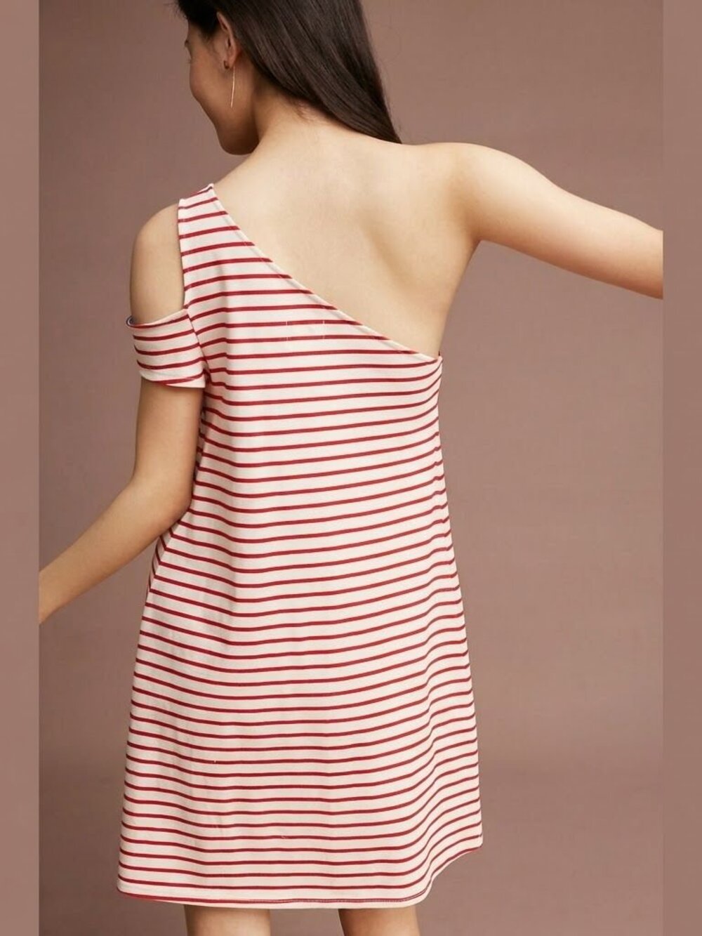 Anthropologie Maeve Marketa One-Shoulder Dress Red Cream Size L Coastal Tailgate - Picture 3 of 9